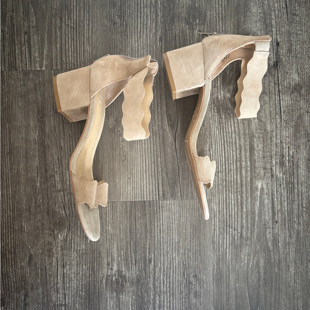 Scallop Strap Block Heel Sandals in Taupe